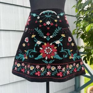 blu pepper Black Floral Corduroy Mini Skirt, Embroidered A-Line High Waist, MED